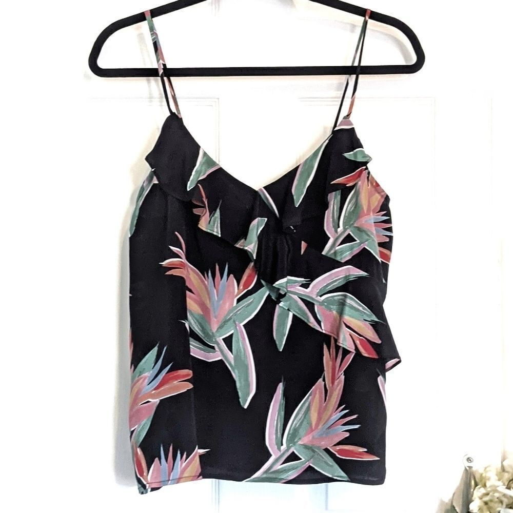 Tucker Assymetical Ruffle Tank Birds of Paradise in Crepe de Chine Silk Floral